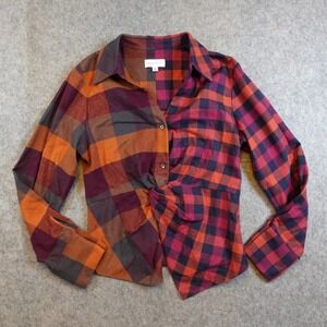 Something Navy Top Women Medium Multicolor Plaid Twisted Front Button Up Flannel